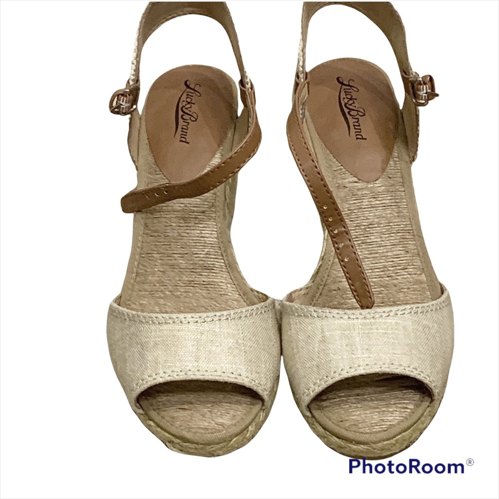 Lucky LK Kendra Natural Platinum Metallic Linen Espadrille Sandal Wedge Size 10
